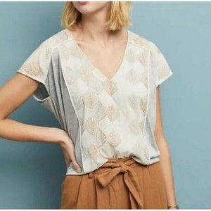 Tiny Anthropologie Sea Fan Top Boho Embroidered  Ruched  Metallic Grey xs loose